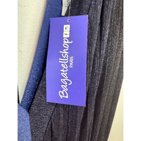 Striped Pleated Midi Dress With Tie Back Detail Black & Blue Size M - Picture 8 of 10